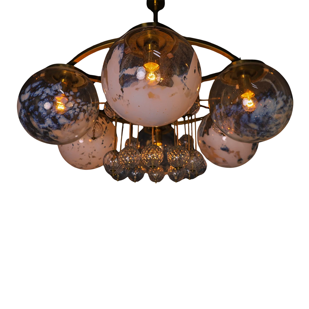 1970s Austrian : six-globe 40" decorated glass chandelier