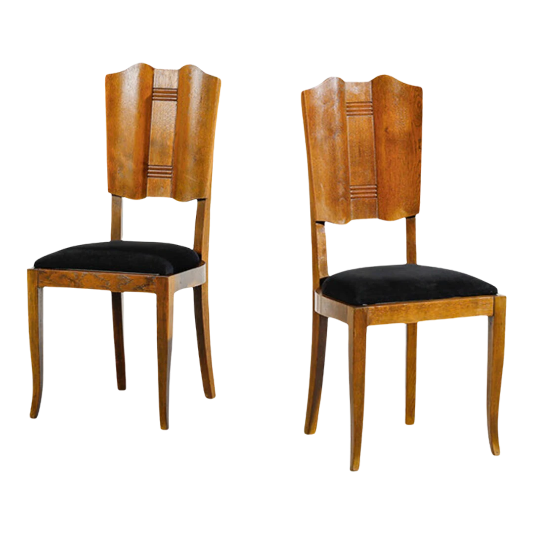 1940s Italian : carved oakwood & velvet dining chairs