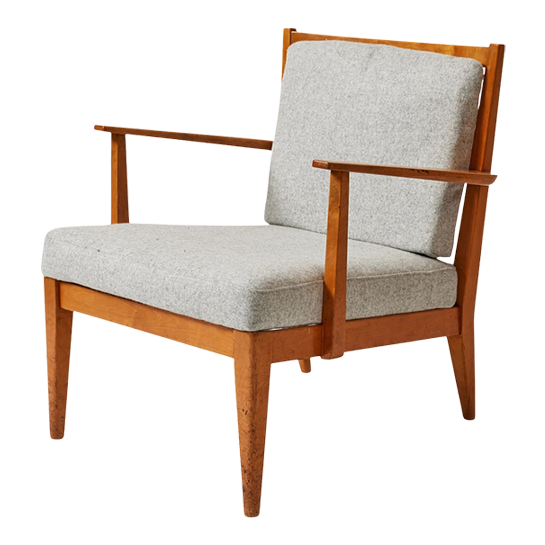 Late 1930s Jens Risom : low birchwood armchair & stool, Denmark