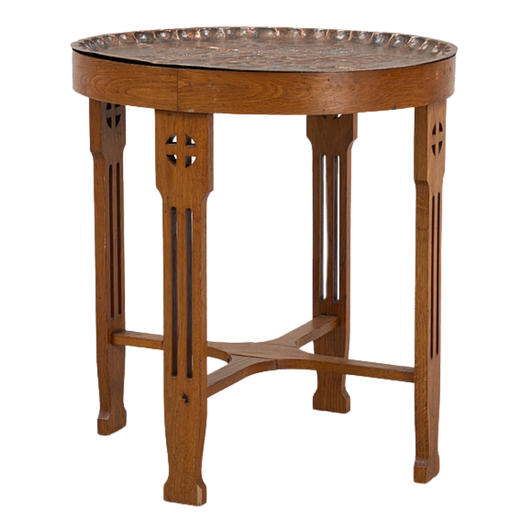 c1915 Arts & Crafts : pierced oak side table with copper top