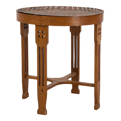 c1915 Arts & Crafts : pierced oak side table with copper top