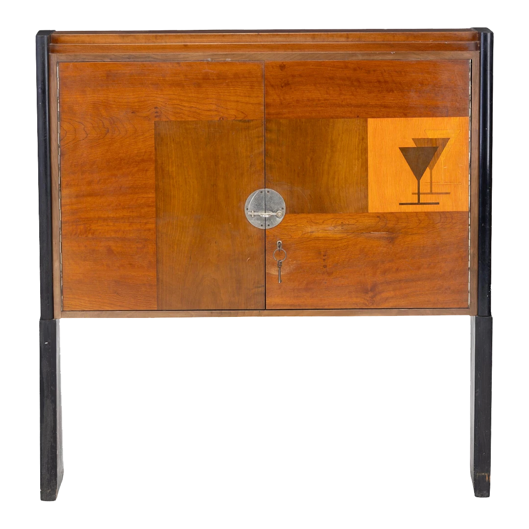 1950s European : lacquered fruitwood liquor cabinet w/inlay