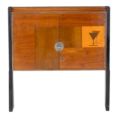 1950s European : lacquered fruitwood liquor cabinet w/inlay