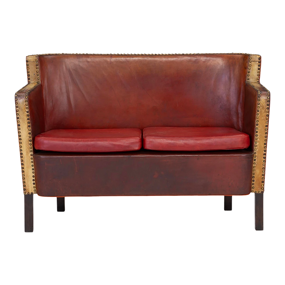 1940s Danish : 51" studded leather 2-seat settee