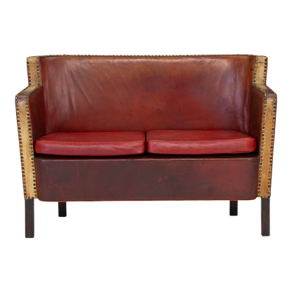 1940s Danish : 51" studded leather 2-seat settee