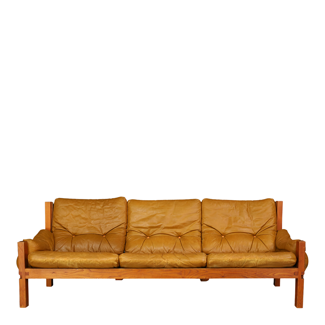 1960s Pierre Chapo : model S32 leather & elmwood sofa, France