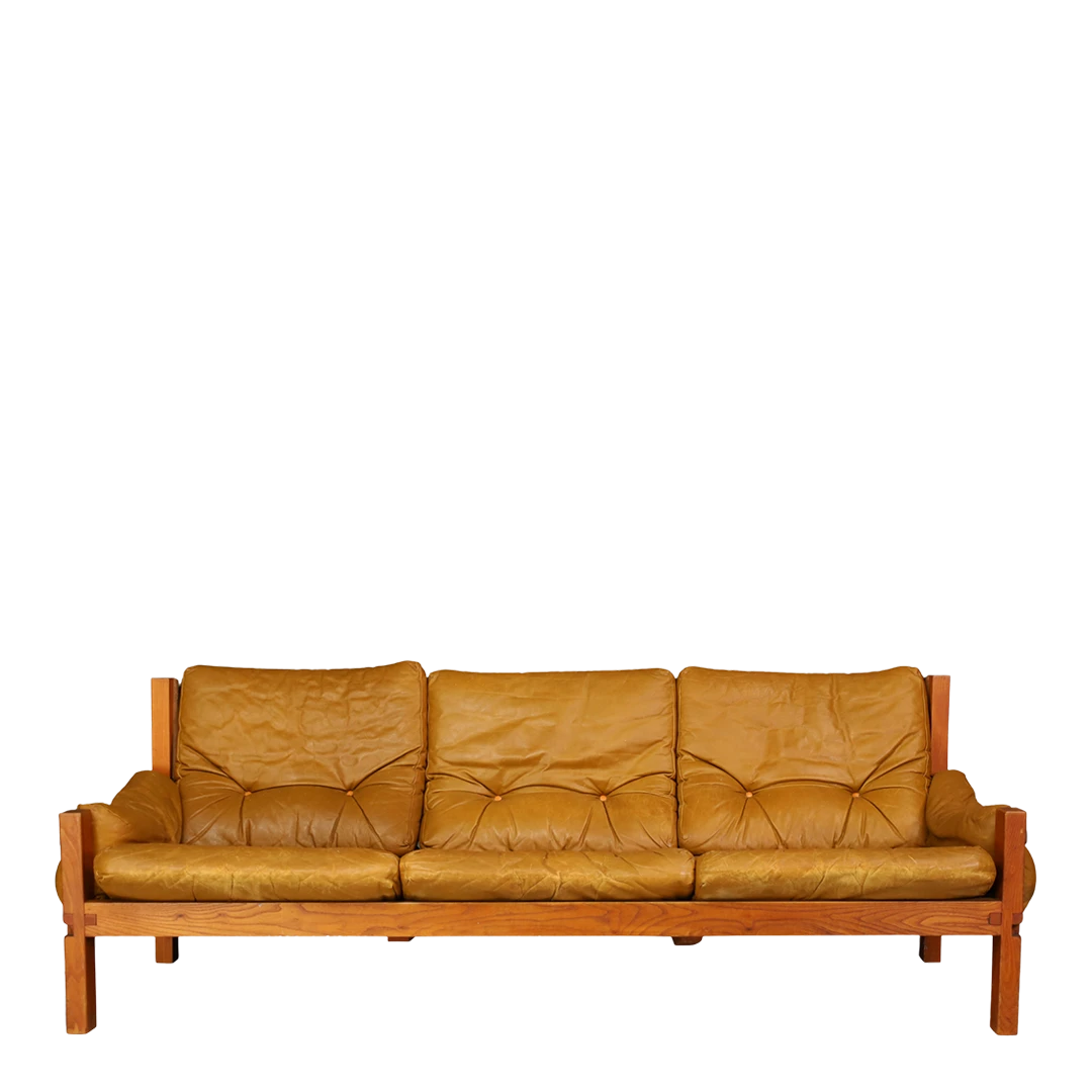 1960s Pierre Chapo : model S32 leather & elmwood sofa, France