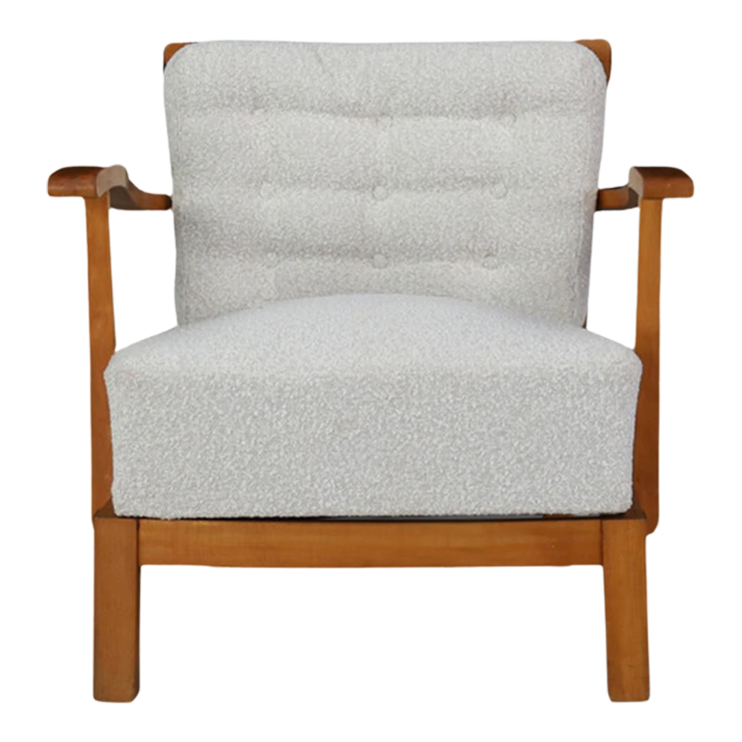 1950s French : slatted elmwood armchair with white bouclé