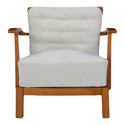 1950s French : slatted elmwood armchair with white bouclé