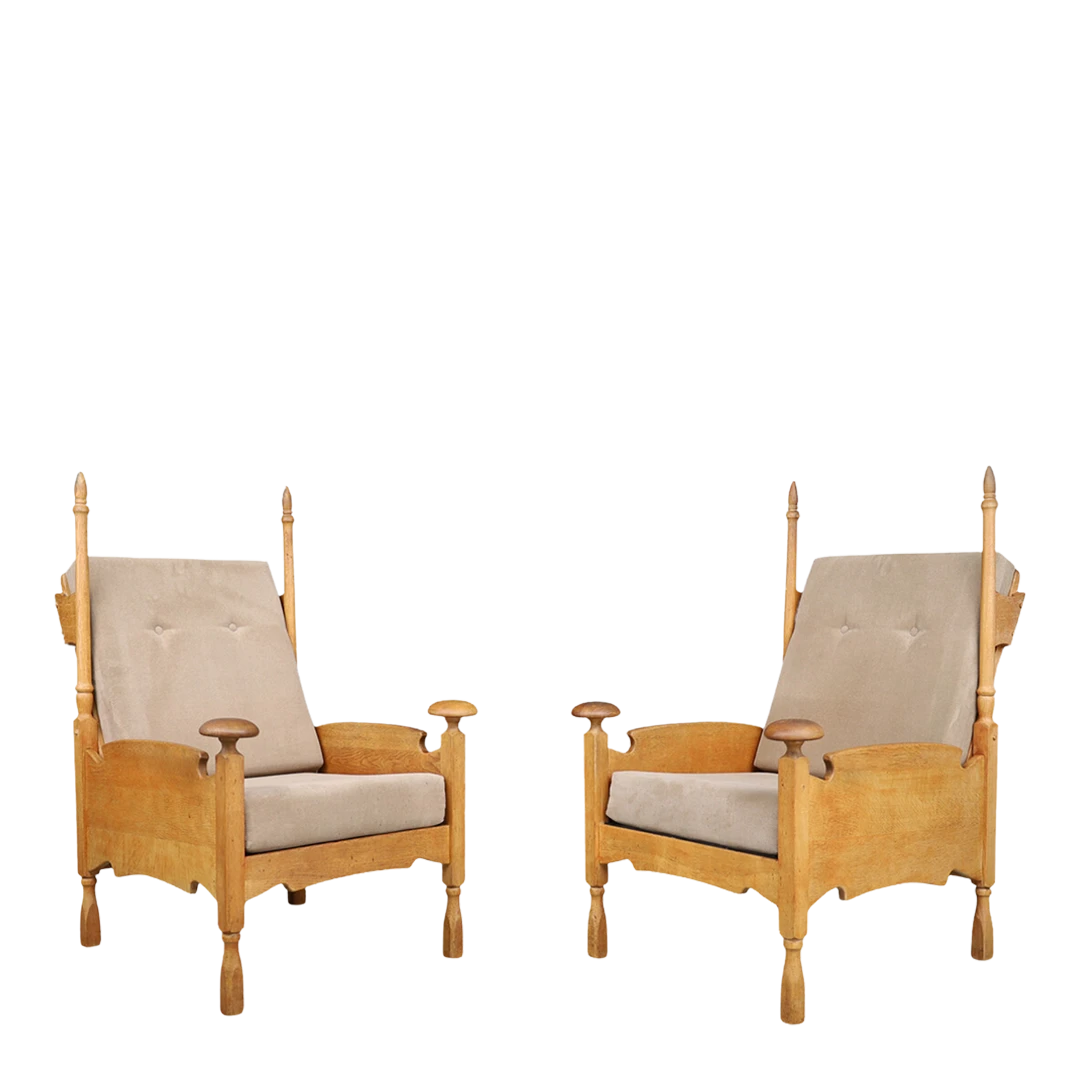 Pair 1960s European : oakwood & canvas "castle' chairs