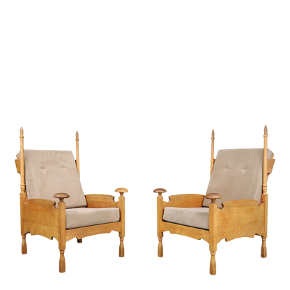 Pair 1960s European : oakwood & canvas "castle' chairs