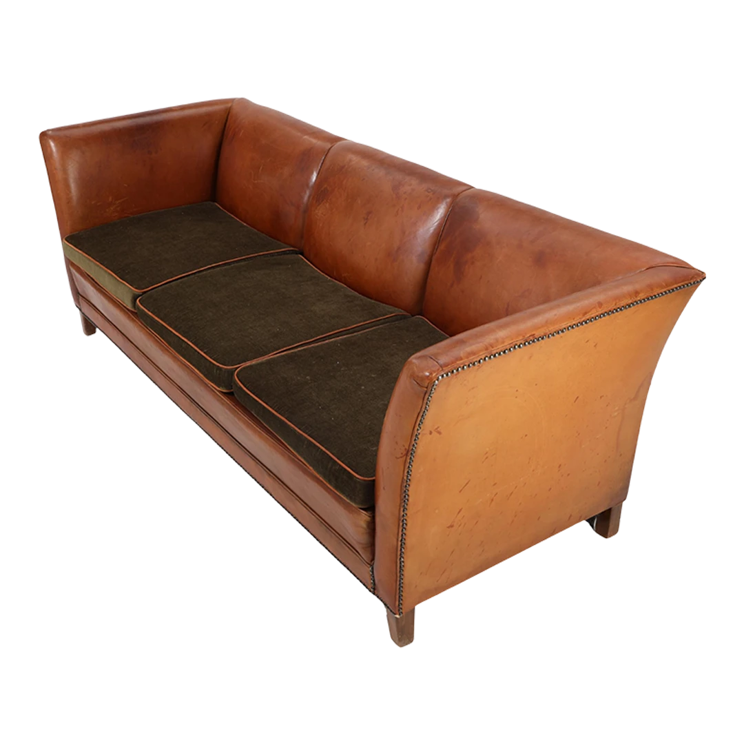 1940s Danish : cognac leather & velvet 3-seat flared arm sofa