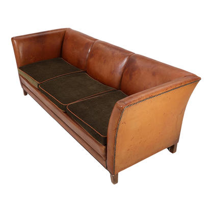 1940s Danish : cognac leather & velvet 3-seat flared arm sofa