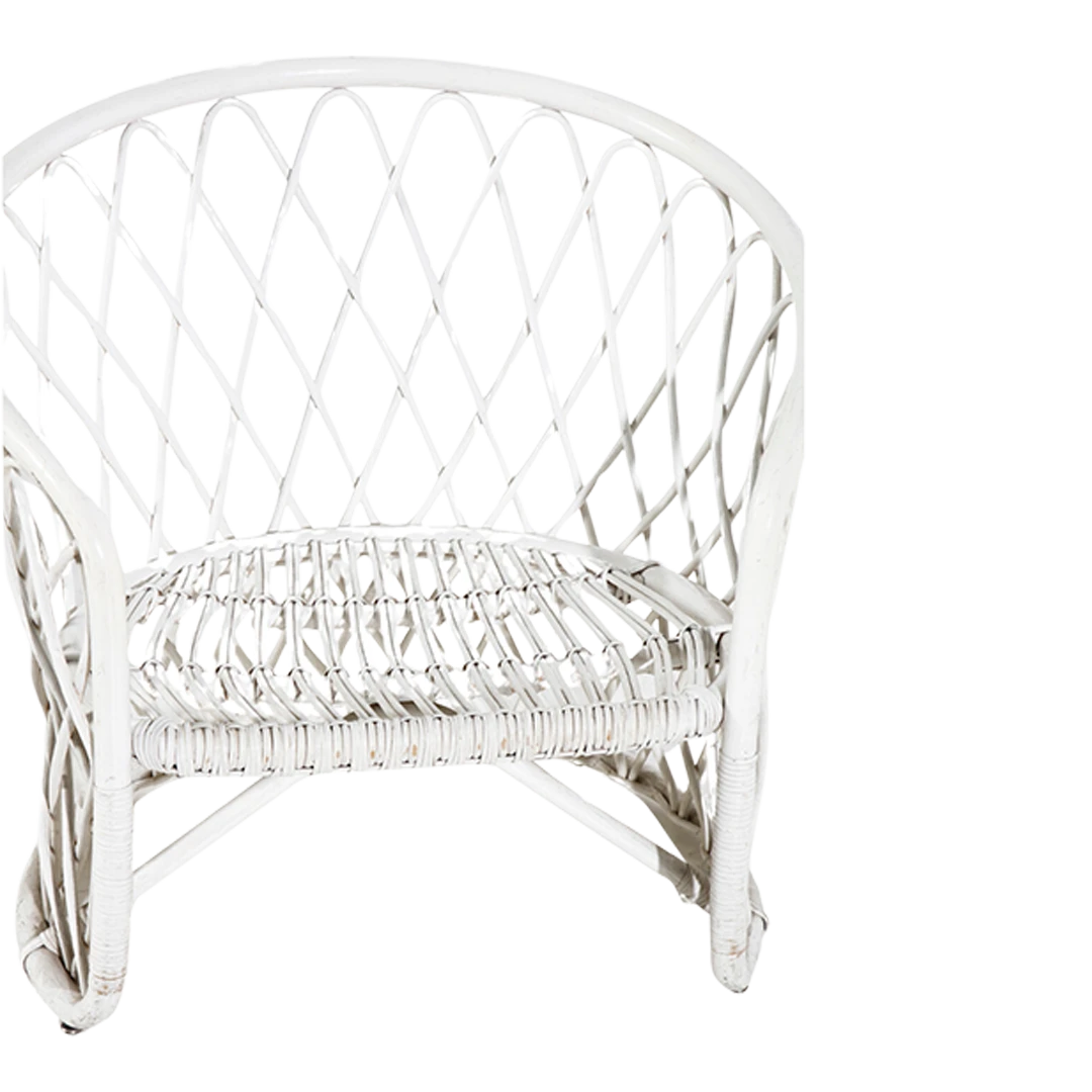 Pair 1960s Italian : white painted harlequin rattan garden chairs