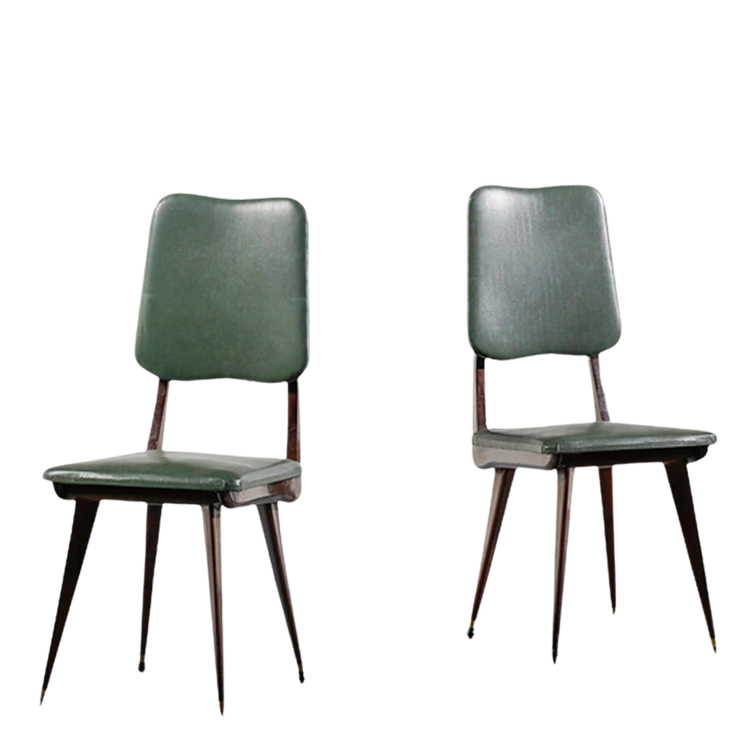 1950s Italian : set six green skai & brass dining chairs