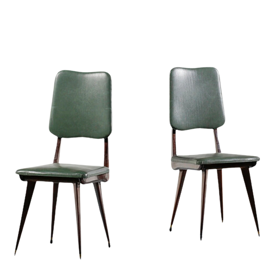 1950s Italian : set six green skai & brass dining chairs