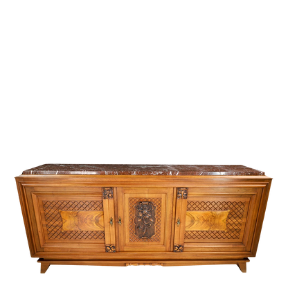 1940s French : elaborate walnut 75" sideboard w/blackened wood top