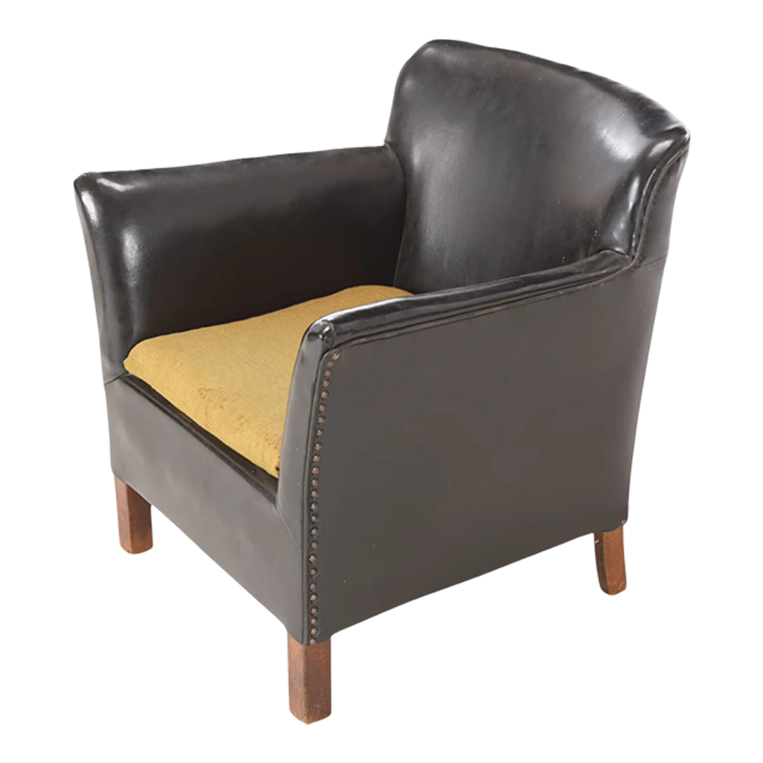 1960s Danish : small black leather flared arm club chair