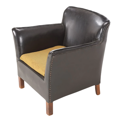 1960s Danish : small black leather flared arm club chair