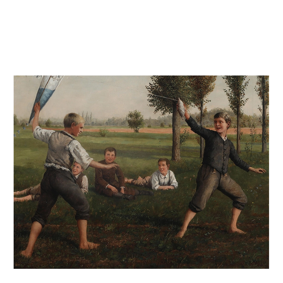 J. Martin, Britain : c1889 dated boys with a kite, o/c