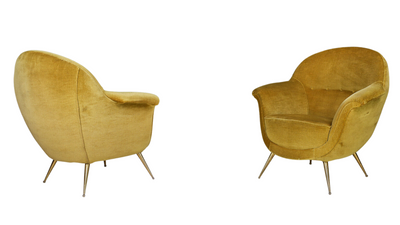 1950s pair Federico Munari velvet and brass armchairs