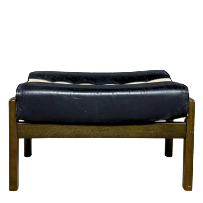 Post Modern : black leather and canvas stool/ottoman, American