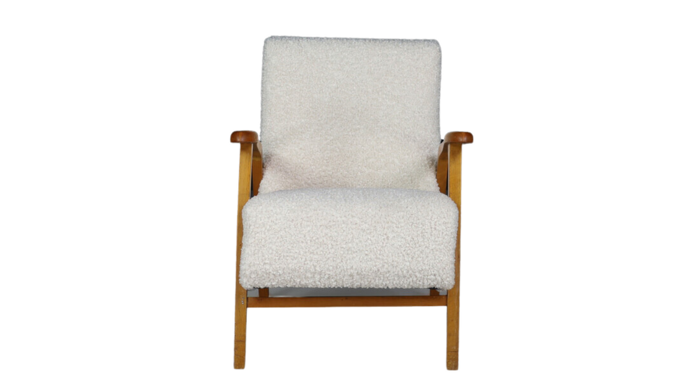 1960s French sculptural oakwood armchair w/new boucle'