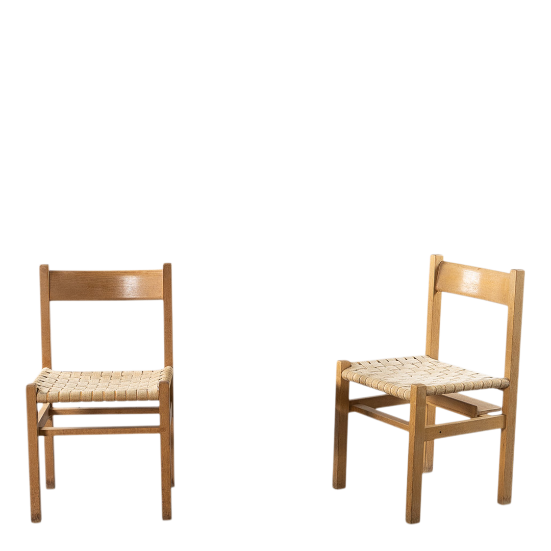 1950s Andrées Fabriks : eight oakwood & woven linen dining chairs, Sweden