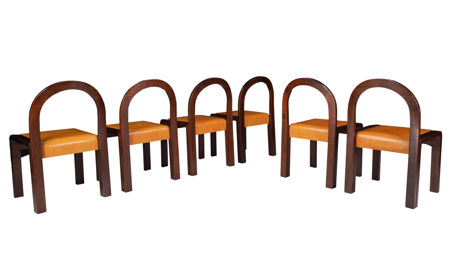 1970s Gae Aulenti (attr) : set six walnut & leather dining chairs, Italy