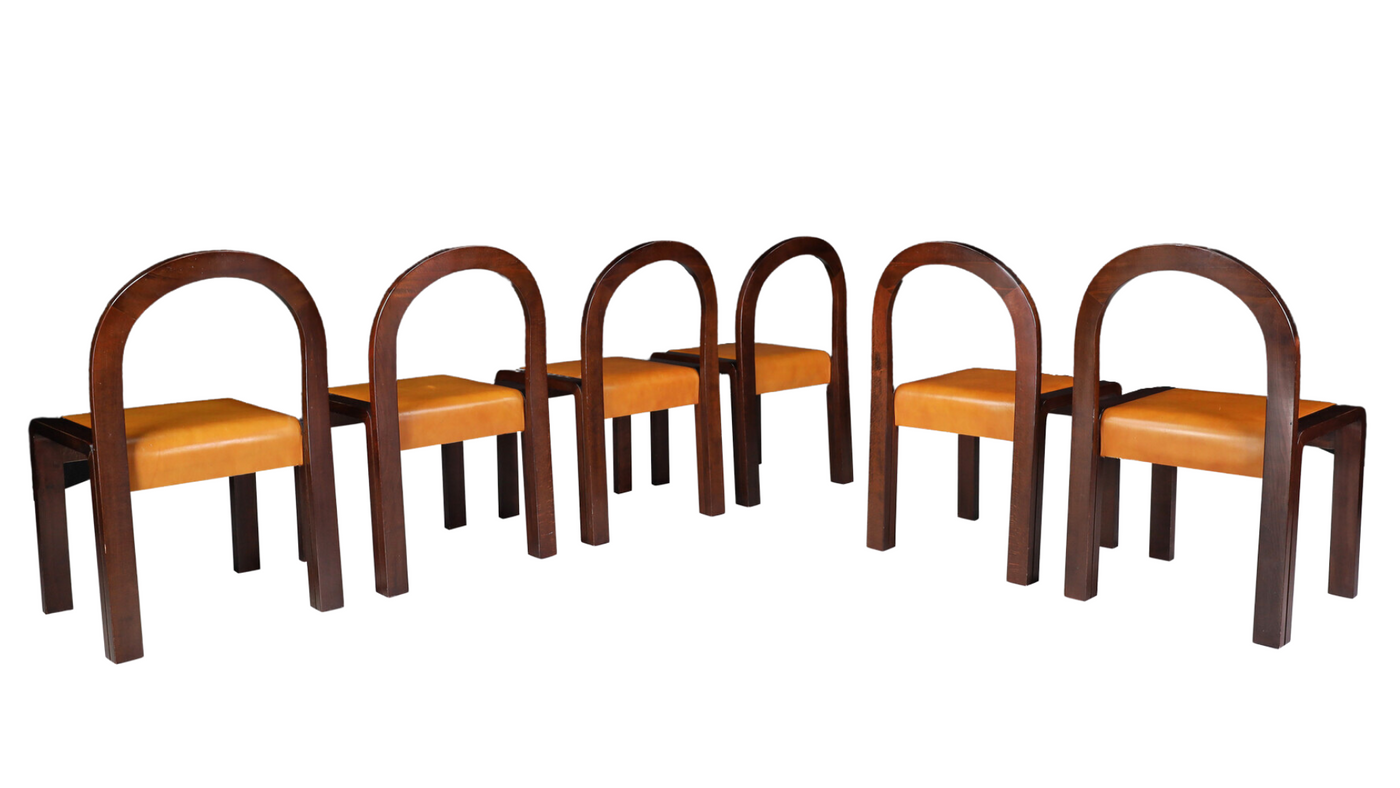 Set six Gae Aulenti walnut & leather dining chairs, Italy