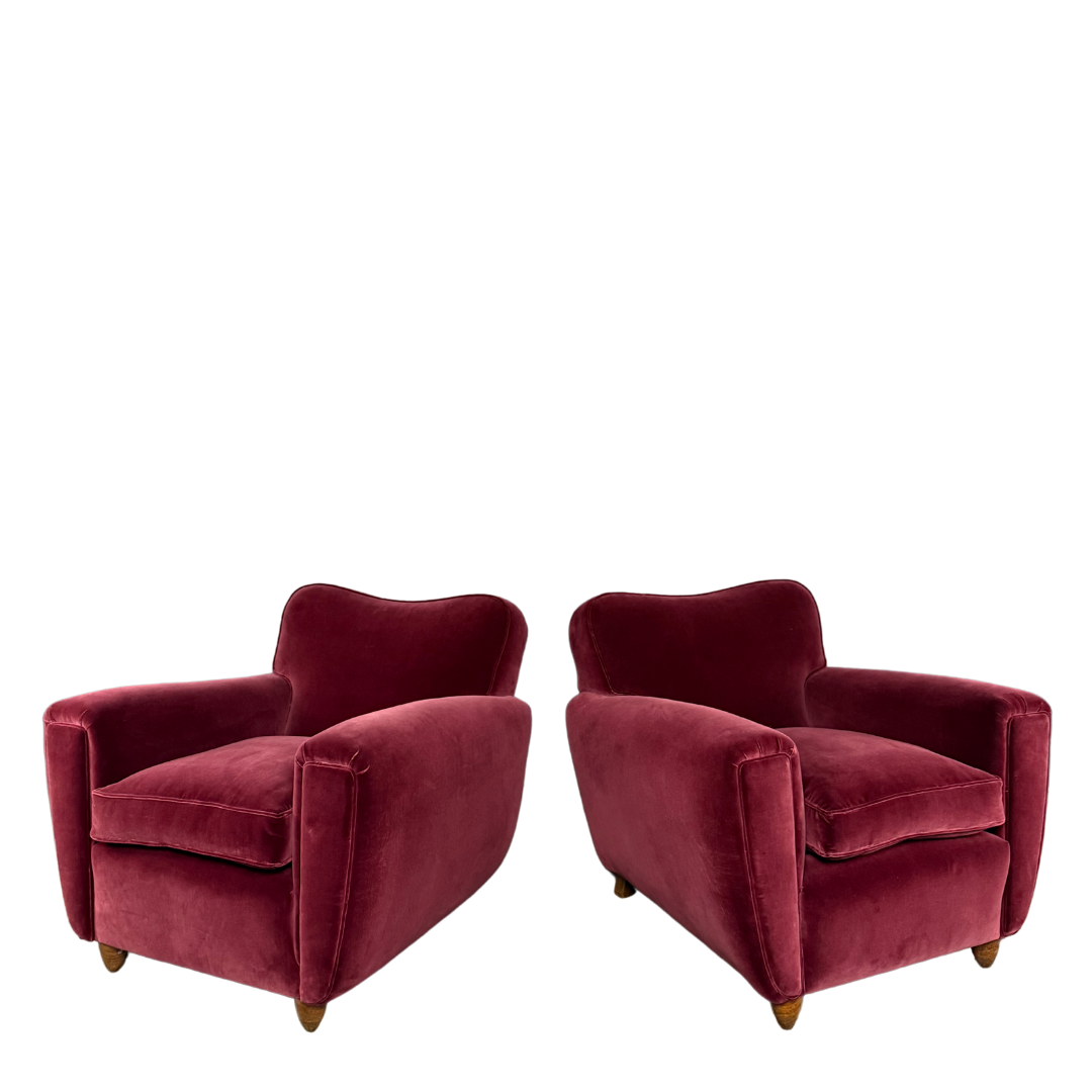 1940s Italian : pair classic velvet modernist club chairs