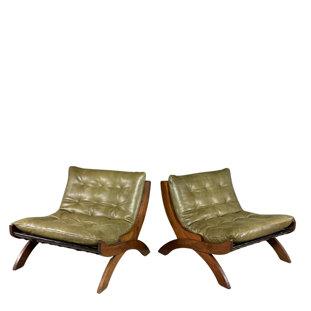 1960s Marco Comolli : pair green leather "CP1" leather lounge chair, Italy