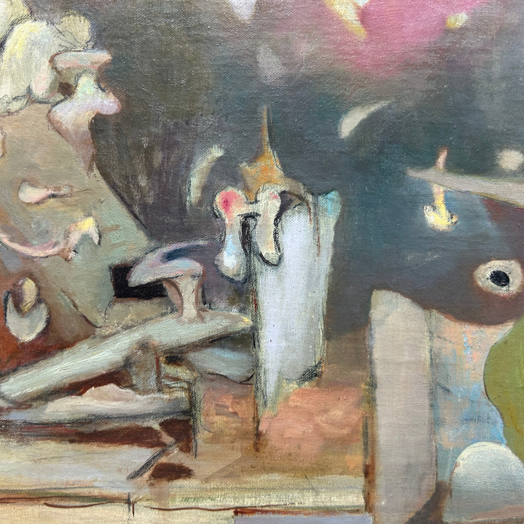 Mid-Century Eugene Arcieri : 15" x 13.5" abstract surrealist o/b, Woodstock artist