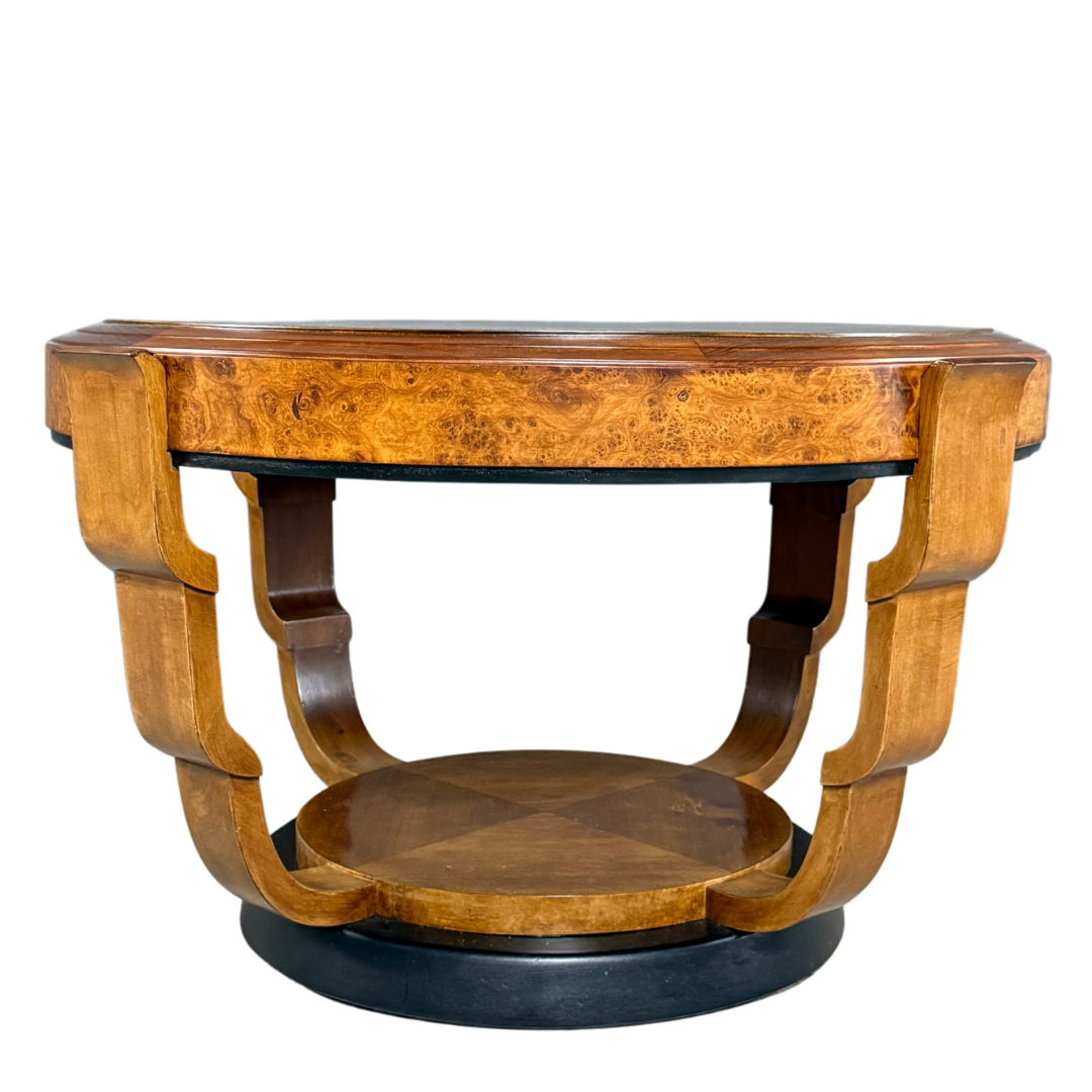 1930s European : round 38" Art Deco fruitwood coffee table