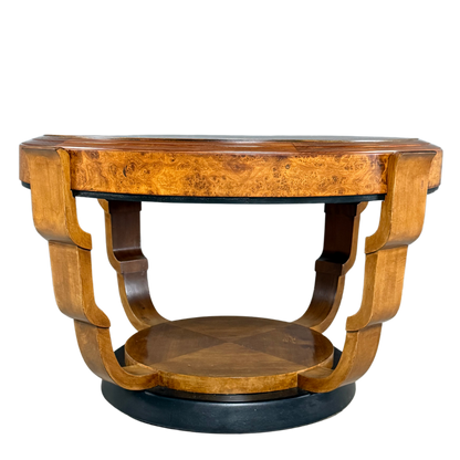 1930s European : round 38" Art Deco fruitwood coffee table