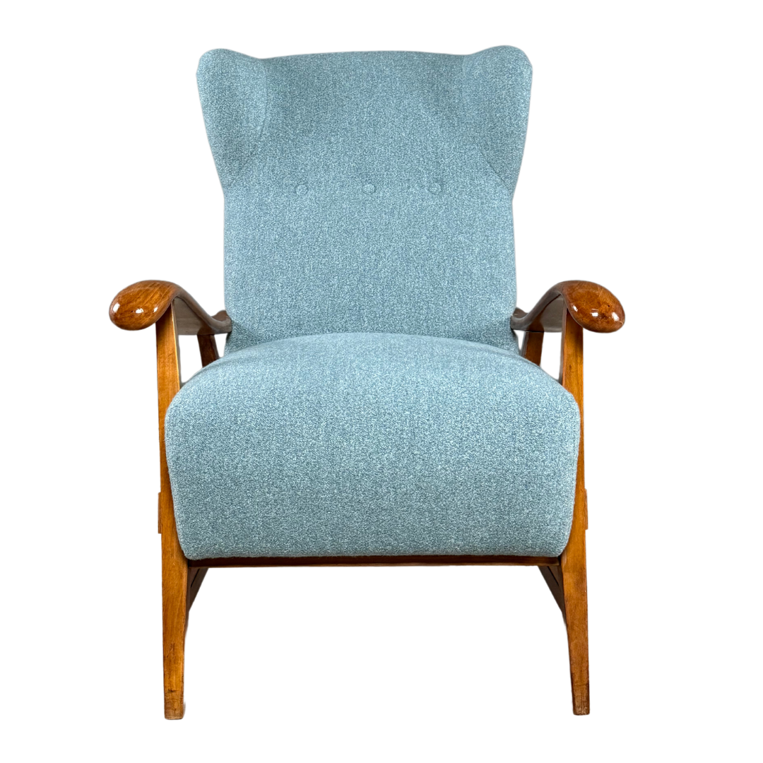 1950s French : sculpted elmwood armchair w/new upholstery