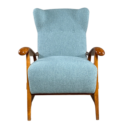 1950s French : sculpted elmwood armchair w/new upholstery