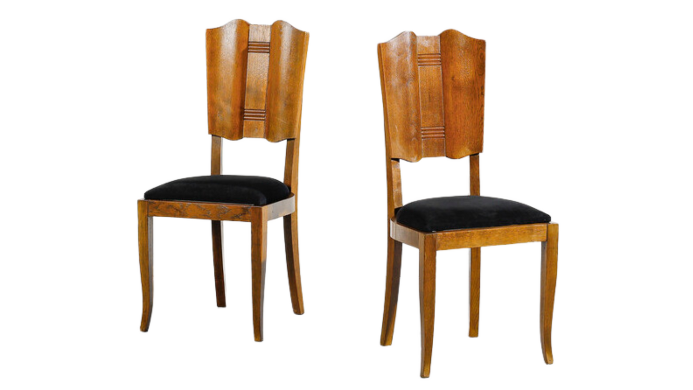 1940s Italian carved oakwood & velvet dining chairs