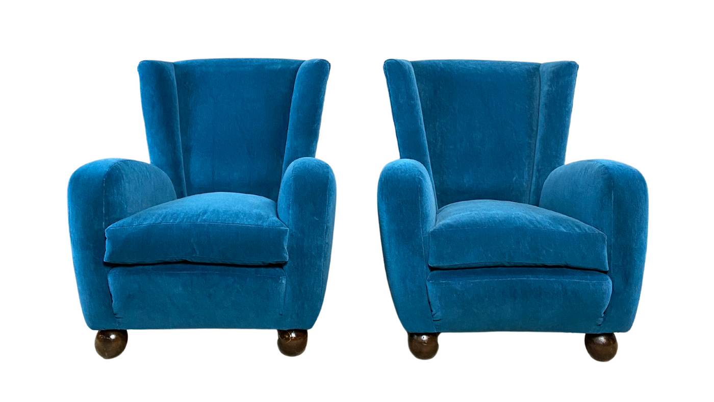 1950s Italian Bergère armchair, sapphire velvet upholstery
