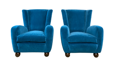 1950s Italian Bergère armchair, sapphire velvet upholstery