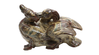 c1938 Knud Kyhn "fighting ducks" Sung glazed stoneware