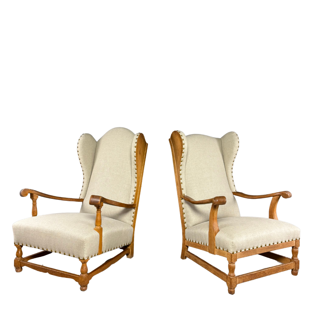 1940s Danish : solid oakwood tall wingback armchair w/ new upholstery