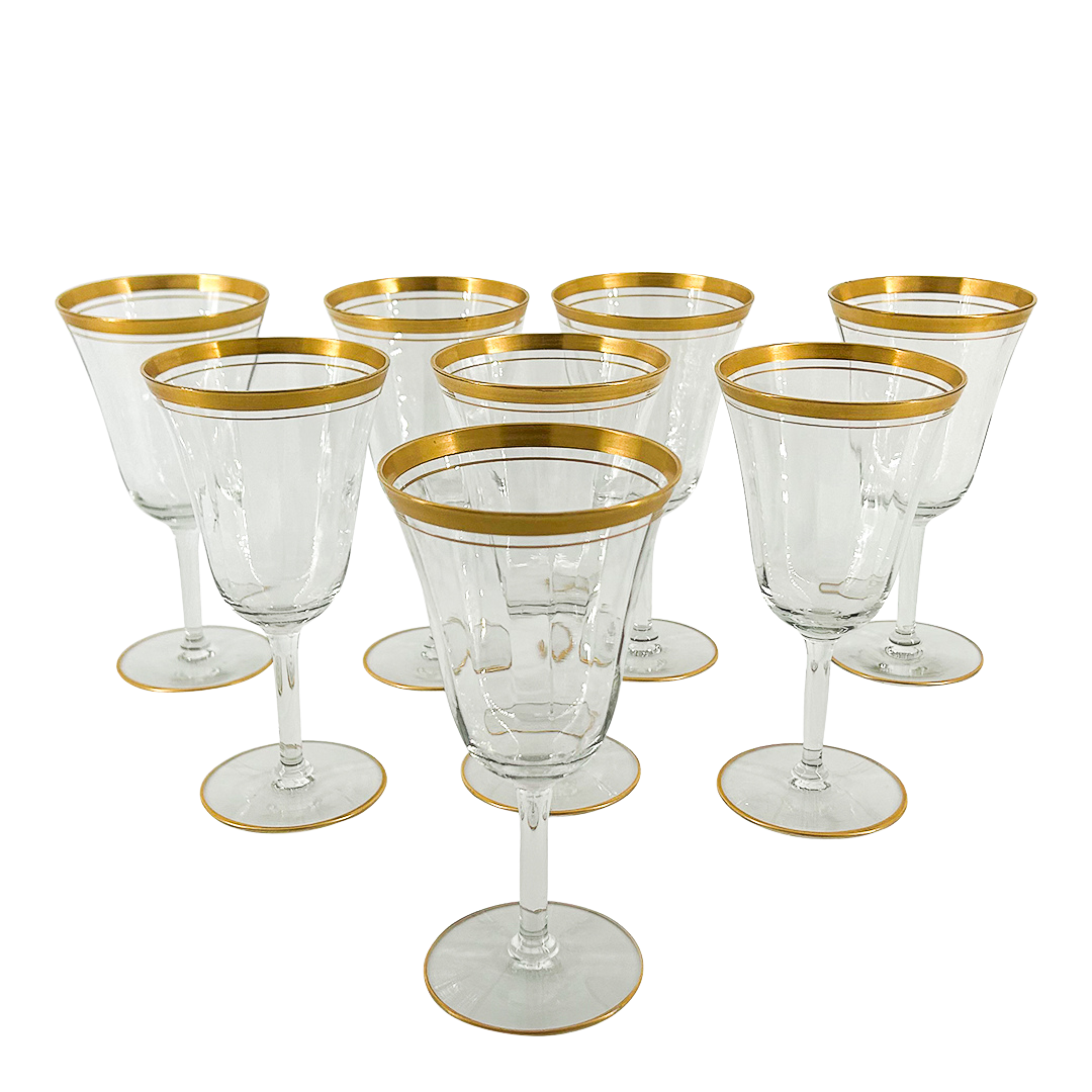 Vintage Franciscan Style : Set 8 Gilt Optic Paneled Wine Glasses