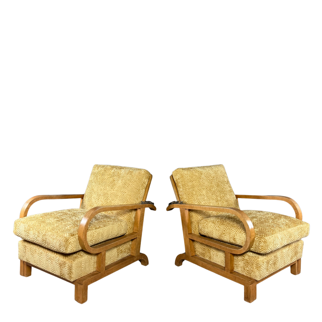 1930s Czech : pair of Art Deco reclining beechwood armchairs