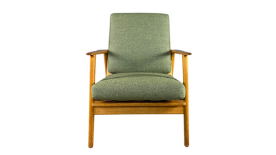 Mid-century solid oakwood 2-cushion armchair