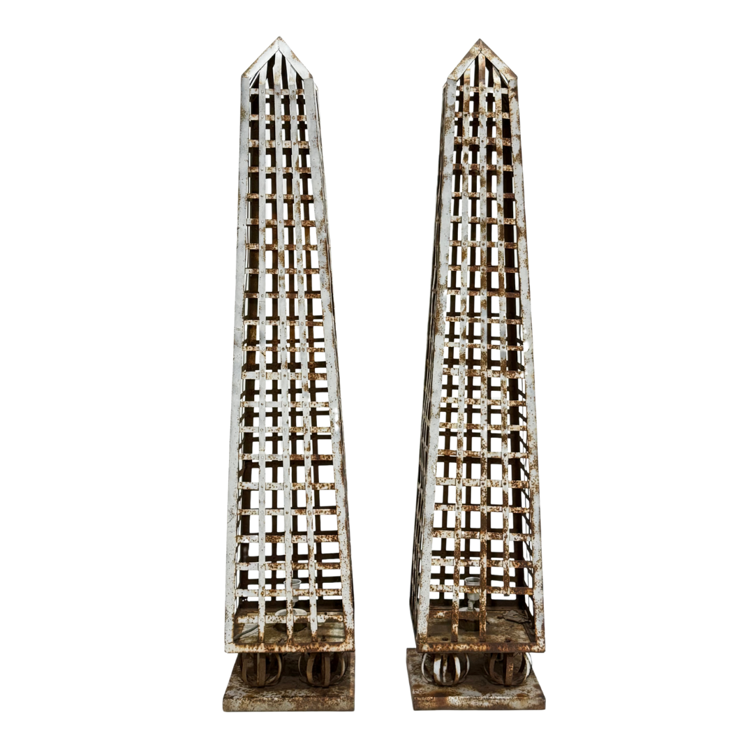 Pair 1980s European : white painted mesh metal 83" obelisk garden ornament