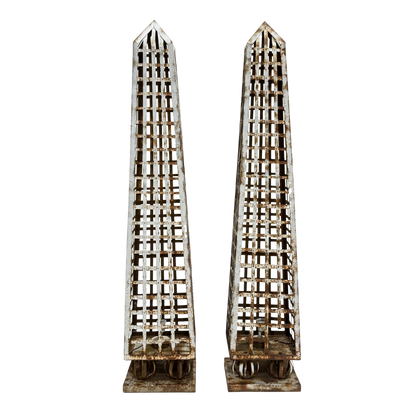 Pair 1980s European : white painted mesh metal 83" obelisk garden ornament