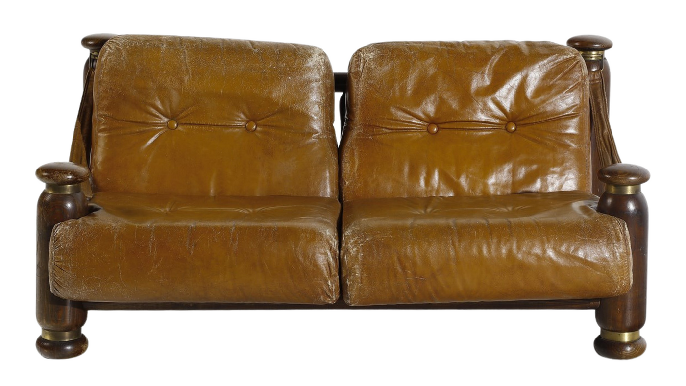 1960s Brazilian leather and rosewood 2-seat sofa
