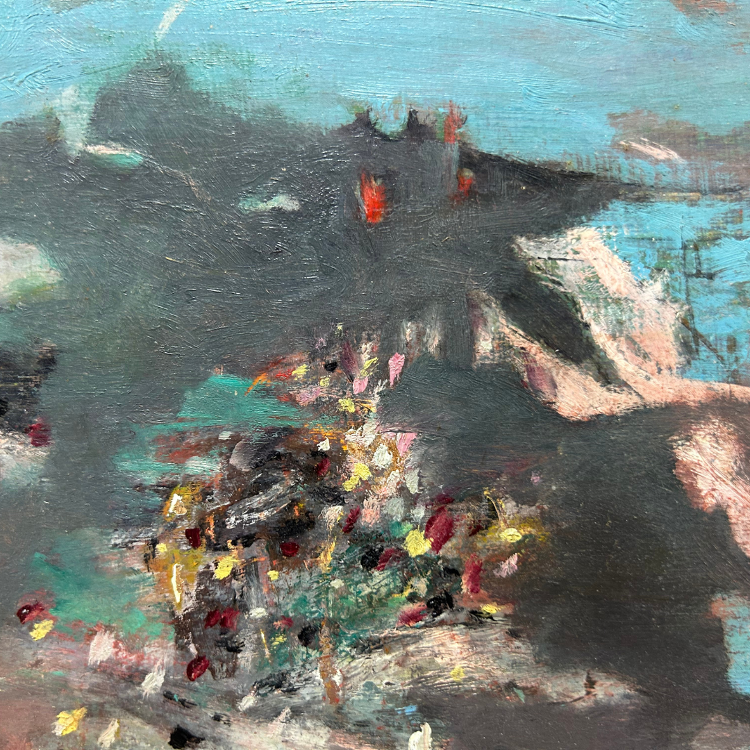 Mid-Century Eugene Arcieri : 19" x 21" abstract o/b, Woodstock artist