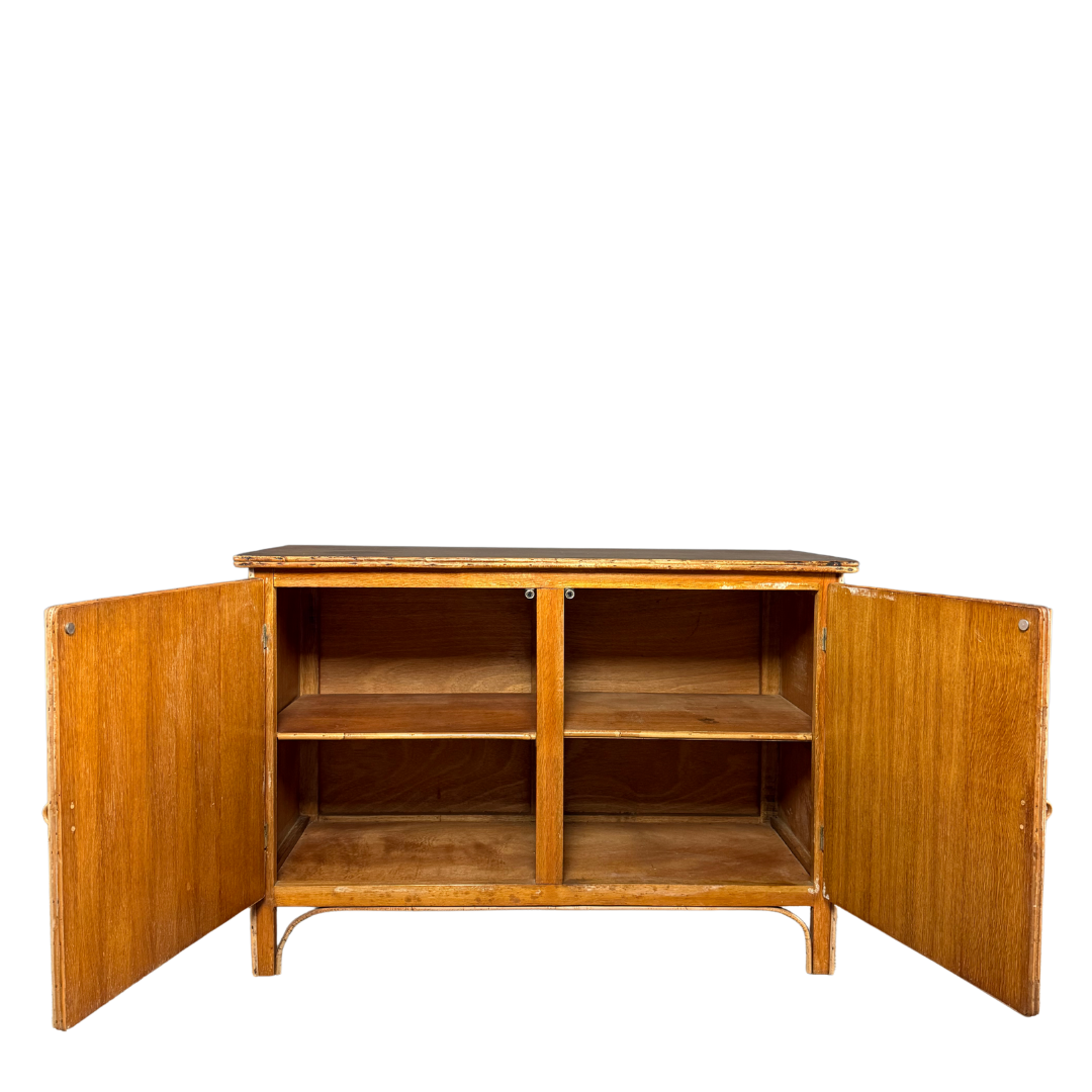 1950s French : quarter sewn oak cabinet with lattice bamboo